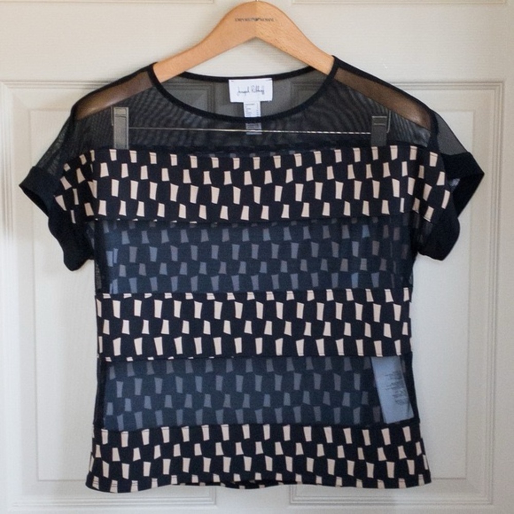 Joseph Ribkoff Blouse Top Tee Mesh Layered Geometric Print In Black/Beige